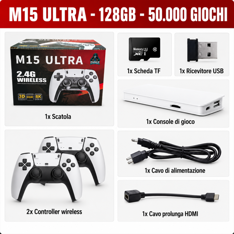 M15 Ultra Retro Game Stick 128GB – 50.000 Giochi HDMI con 2 Controller Wireless