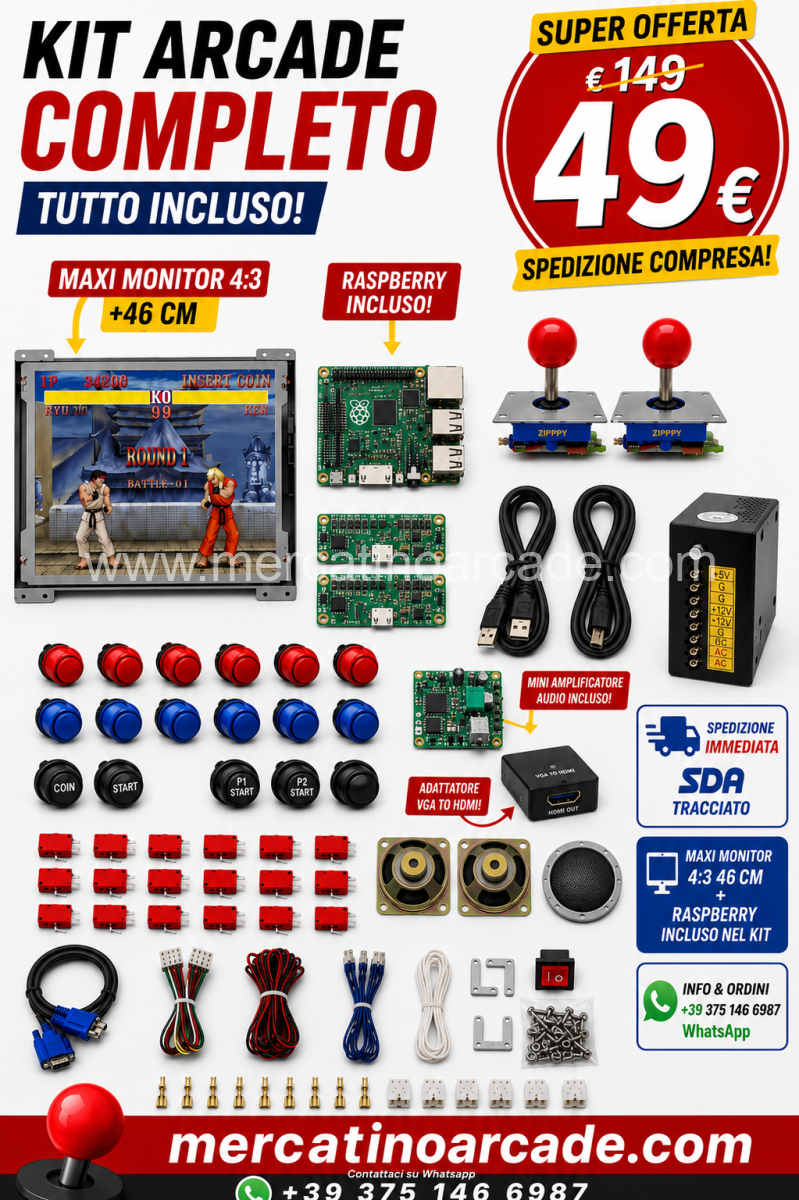 SUPER OFFERTA! Kit Arcade 2 Giocatori – Monitor 4:3 46cm, Raspberry, Joystick e Pulsanti